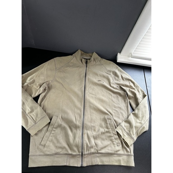 Tommy Bahama Men's Jersey Full Zip Jacket Khaki Pockets Logo Cotton Casual FLAW - Picture 1 of 16